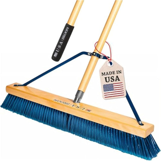 24" Heavy Duty Outdoor Push Broom with 60" Handle. Ideal for Ashpalt, Concrete & Heavy Debris. Durable American Made Steel Brackets-Stainless Steel Hardware. No Plastic. 100% Made in The USA.