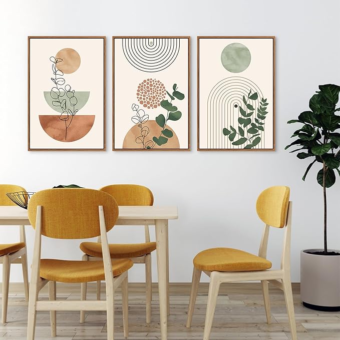 Ausril Boho Terracotta Green Framed Canvas Wall Art Set, Abstract Plant Wall Decor, Mid Century Modern Geometric Wall Painting, Neutral Abstract Art Print to Living Room, Bedroom, Office 36"x24"x3