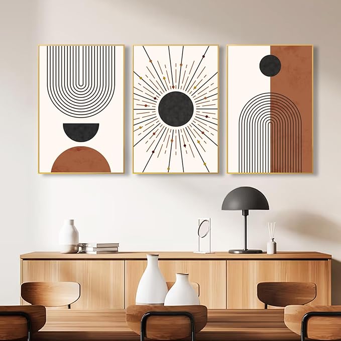 Ausril Minimalist Boho Framed Canvas Wall Art Set, Neutral Geometric Line Sun Wall Decor, Mid Century Wall Painting, Abstract Modern Bohemian Art Print for Living Room, Bedroom, Office -16"x24"x3