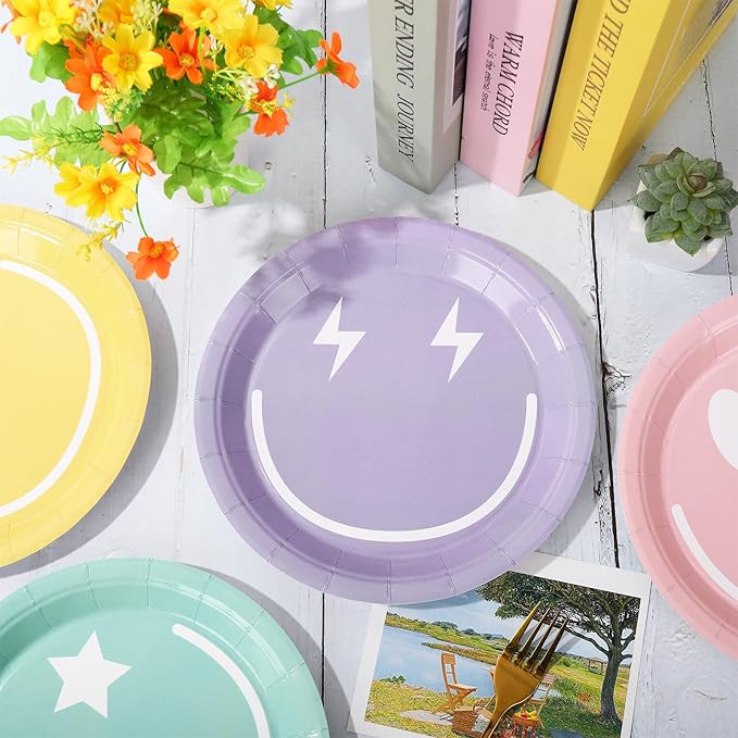 Whaline Pastel Smile Paper Plates 4 Designs Disposable Plates 9 Inch Dinner Dessert Plates for Birthday Wedding Party Supplies Table Decor, 40Pcs