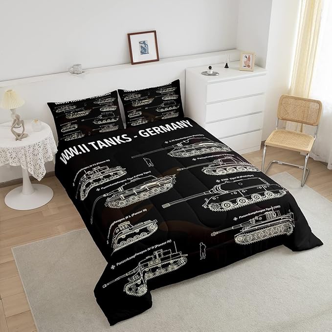 Tank Comforter Set King, War Theme Bedding Set, Soldier Dirt Bike Camouflage Army Acting Down Comforter for Kid Boy Teen Men,Camo Vintage Style Quilt Set, Military Vehicle Duvet Set Room Decor