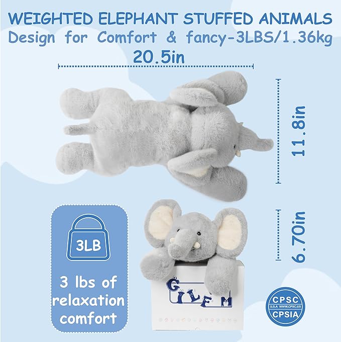 Weighted Stuffed Animals Elephant - 20.5" Cute Toy Pillow Plushie Gifts for Kids Boys Girls & Adults, 3 lbs Ultra-Soft Washable Plush Pillowfort