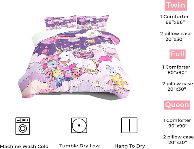 Unicorn Bedding Queen Cartoon Unicorn Comforter Set,Cute Unicorn Printed Kids Bedding Set for Girls Kids Adults Teens,Kids Comforter Set All Season,1 Quilt 2 Pillow Cases,Purple