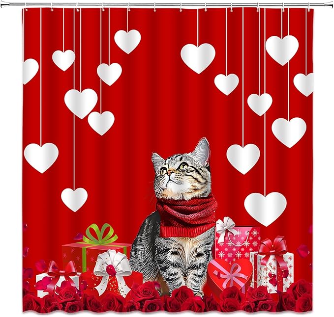 Valentine's Day Shower Curtain Cute Cat Romantic Red Heart Rose Love Couple Woman Girl Creative Bathroom Curtains Decor Fabric Set Include Hooks,(70" Wx78 H)