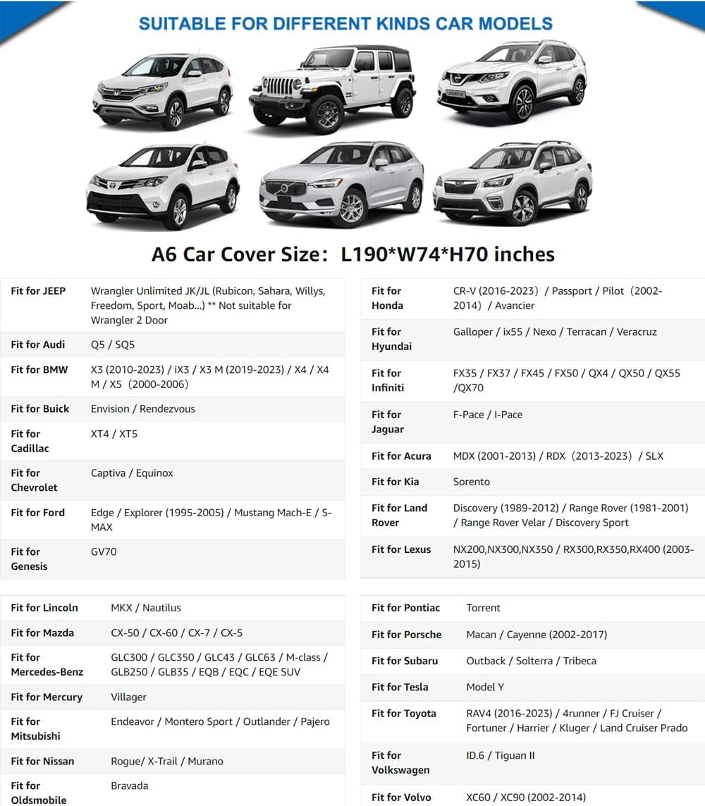 KouKou 6 Layers SUV Car Cover Waterproof All Weather, Universal Fit for Jeep Wrangler Unlimited JK JL/Commander, Subaru Outback, Cadillac SRX etc, Outdoor Sun UV Dust Protection. (181 to 190 inches)