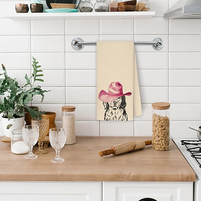 Western Golden Retriever Kitchen Towels, Gifts for Golden Retriever Lovers Hand Towels for Bathroom Kitchen, Pink Cowgirl Hat Dog Decorative Dish Towels Drying Cloth, 16x24 Inch