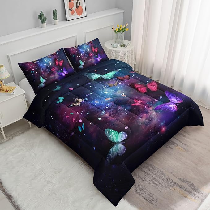 Butterfly Comforter Set for Girls Women,Colorful Butterflies in Space Galaxy Printed Black Bedding Set with 2 Pillowcases(Butterfly Galaxy Full)