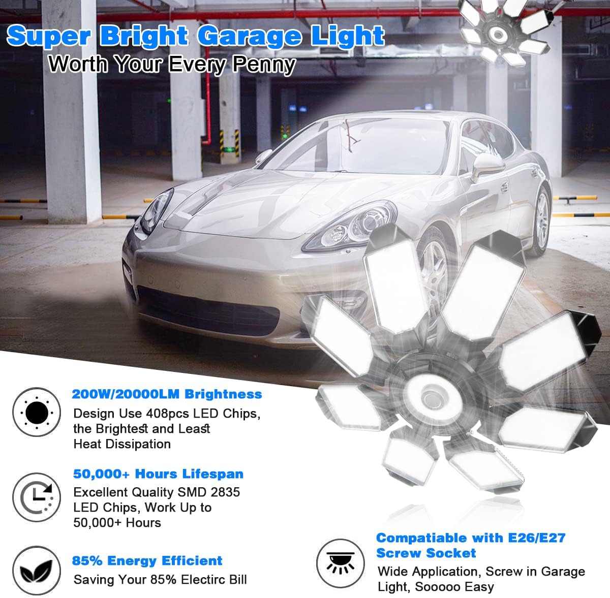 Garage Lights - 40000LM Super Bright Garage Lights Ceiling Led w/ 8 Deformable Panels Compatible for E26/E27 Screw in Socket Garage Lighting Bulb for Barn Basement Shops Attic - 2Pack