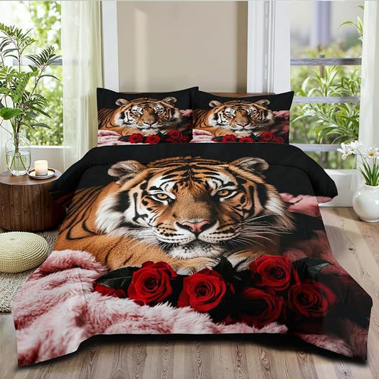 Tiger Comforter Set Full Size Wildlife Bedding Sets for Kids Teen Safari Animal Bedding Room Decor,Red Rose Quilt Set 3Pcs Soft Breathable Duvet Insert with 2 Pillowcases
