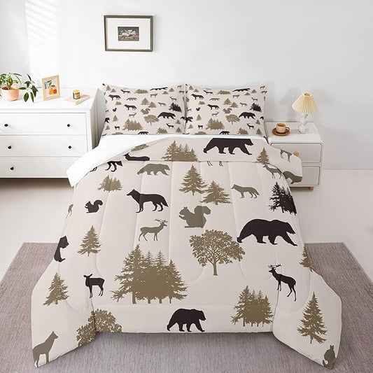 Bear Comforter Set Twin for Kids Boys Girls,Rustic Elk Moose Squirrel Wolf Printed Bedding Set,Animal Silhouette Farmhouse Quilt for Lodge Cabin,Grey Woodland Wildlife Duvet Insert with 1 Pillowcase