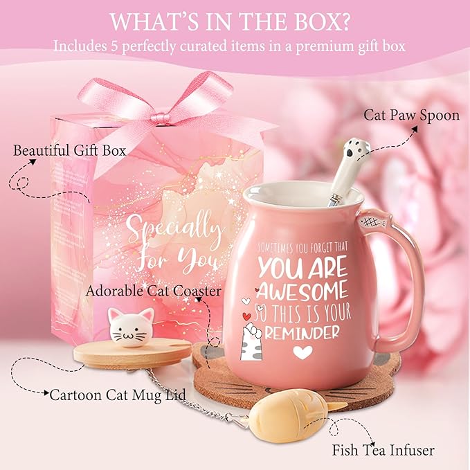 Thank You Gifts for Women Cute Cat Coffee Mug Birthday Friendship Gifts for Women Cat Lovers Kawaii Stuff Funny Tea Cup White Elephant Gifts For Adult Female Sister Mom Wife Coworker Bestie Bff