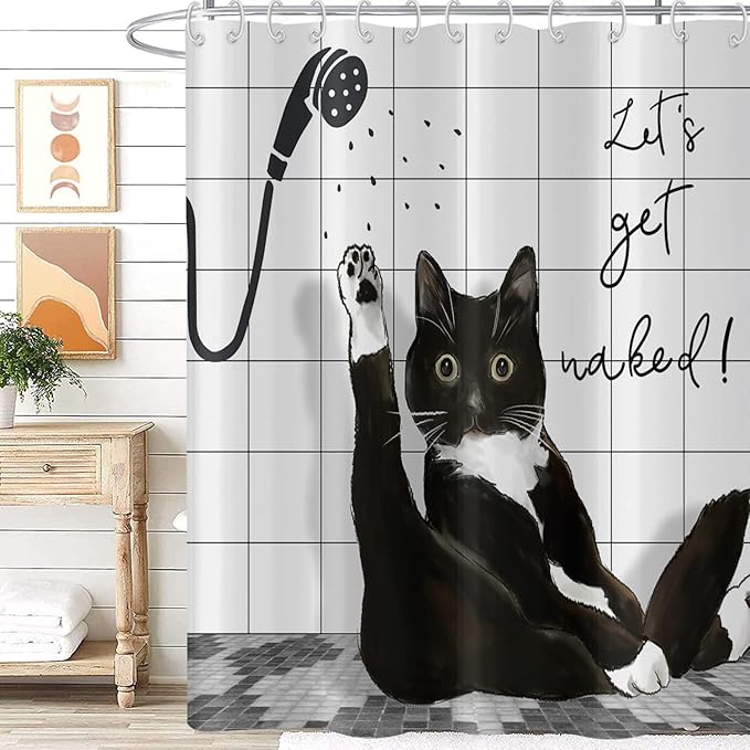 Black Cat Extra Long Shower Curtain, Funny Kitty Animal Get Naked Plaid Machine Washable Waterproof Durable Fabric for Bathroom Decor Bathtub with 12 Hooks 72Wx78H