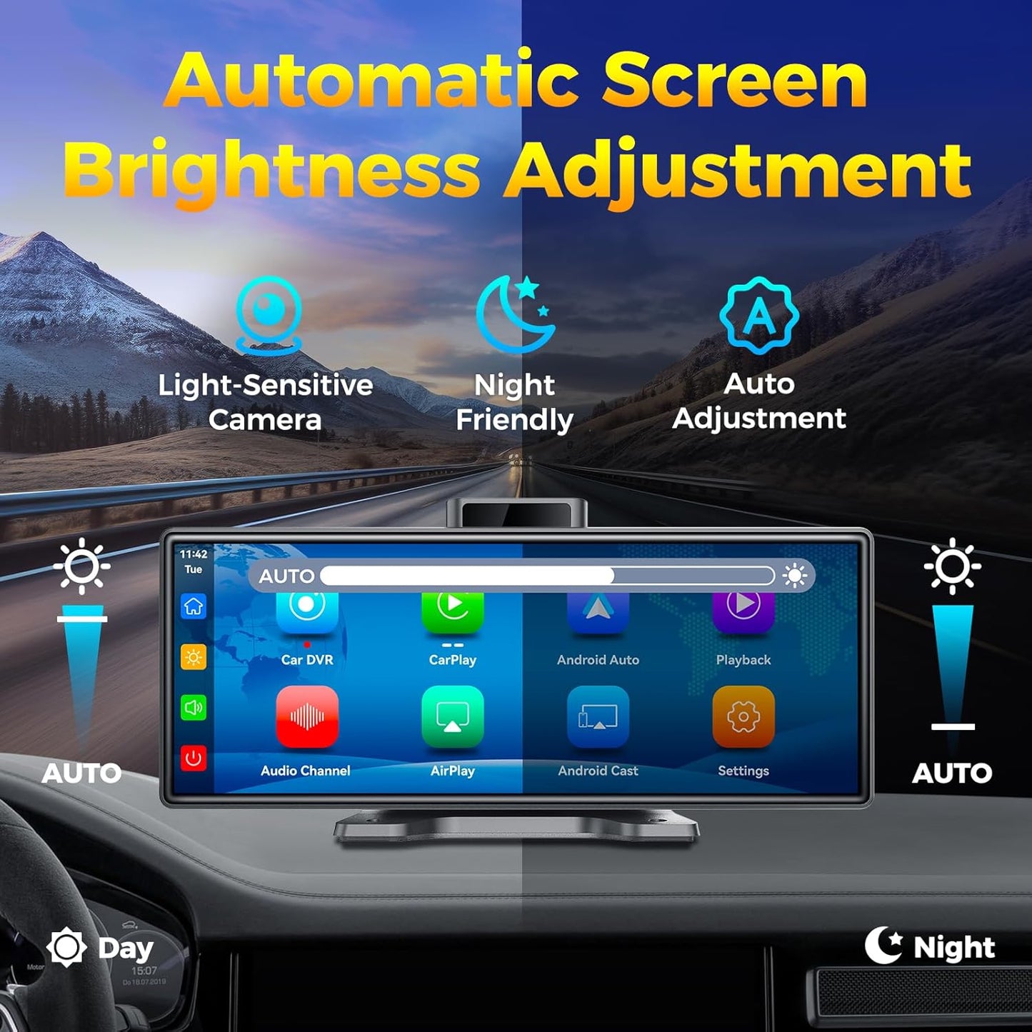10.26" Wireless Apple CarPlay Android Auto Car Screen - Secure Strong Bracket, 4K Dash Cam, GPS Navigation, HD Touchscreen, AirPlay, Car Stereo, Fits All Vehicles