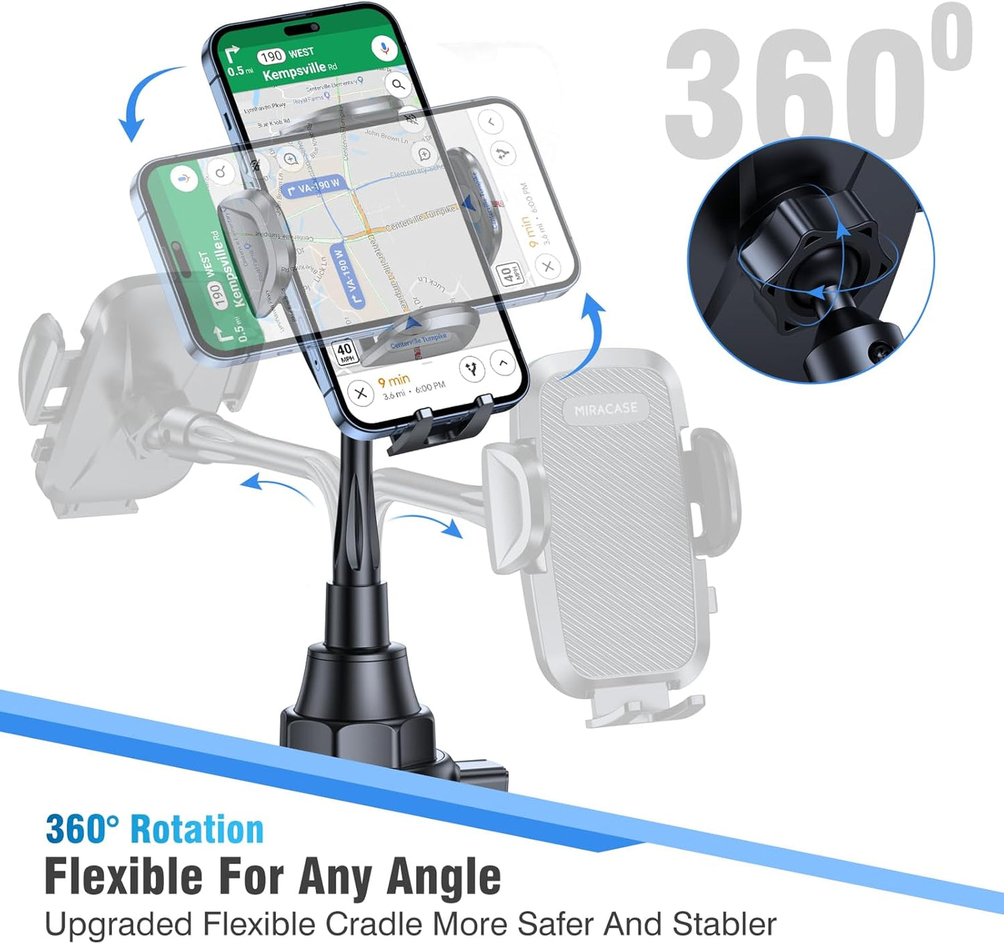 Miracase Cup Holder Phone Mount - Universal Gooseneck Adjustable Car Cell Phone Mount for iPhone, Samsung, Google and All 4.0-7.2 inches Smartphones