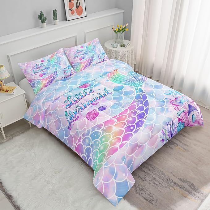 Bedding Comforter Set Rainbow Purple Mermaid Tail Printed Comforter Set with 1 Comforter and 2 Pillowcases for Girls Bedroom All Season(Rainbow Purple Twin)