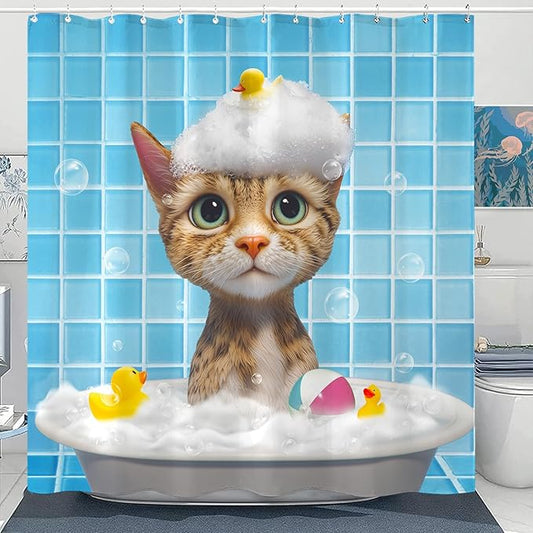 Yeoiat Cat Shower Curtain Funny Shower Curtain Bubble Cat Shower Curtains for Bathroom Cute Shower Curtain Set with 12 Hooks Cat-02 72×72 Inches