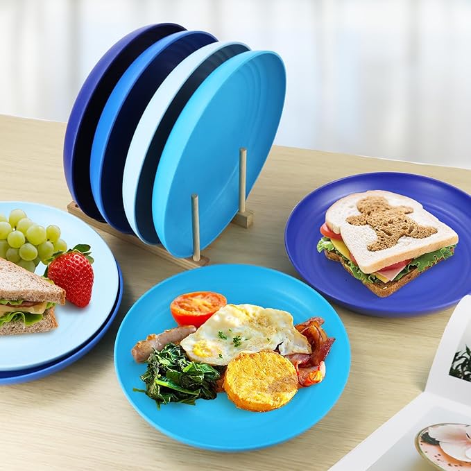 Wheat Straw Dinner Plates, 9 Inch Deep Set of 8, Lightweight & Unbreakable, Microwave & Dishwasher Safe Kids Plates (Blue Series)