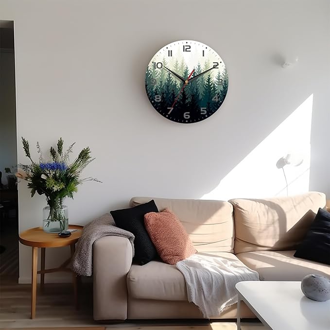 Wall Clock, 10 Inch Silent Non-Ticking Home Kitchen Decor, Battery Operated for Bathroom Bedroom Living Room Office(Misty Forest)