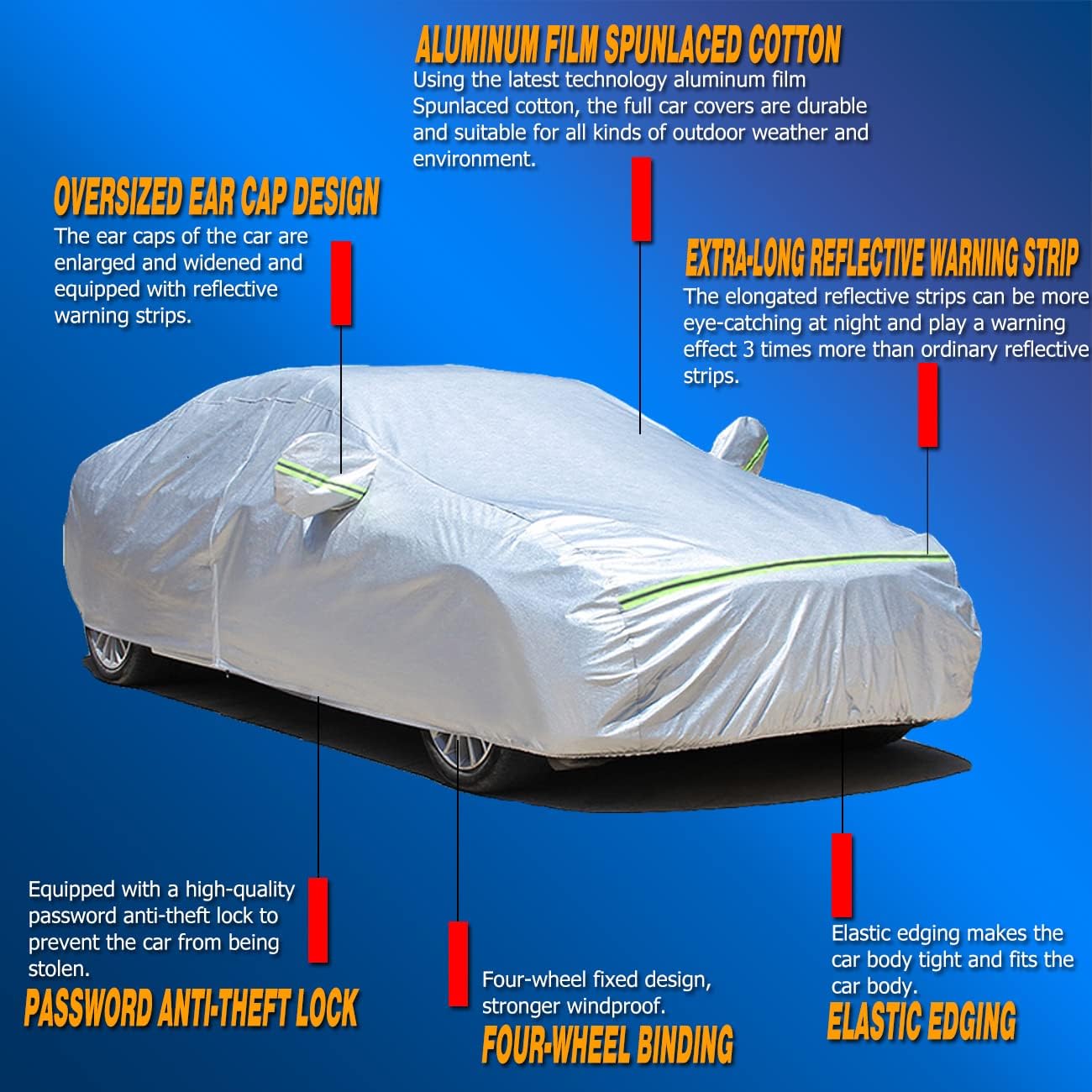 TUCAREST 6 Layers Full Car Cover for Sedan/Wagon/Coupe/Hatchback - Waterproof, Insulated, Anti-UV, Snow-Proof, Anti-Wind, All-Weather, Thickened Protection, up to 216 in