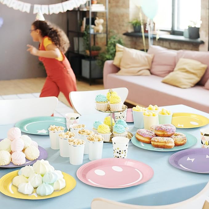 Whaline Pastel Smile Paper Plates 4 Designs Disposable Plates 9 Inch Dinner Dessert Plates for Birthday Wedding Party Supplies Table Decor, 40Pcs