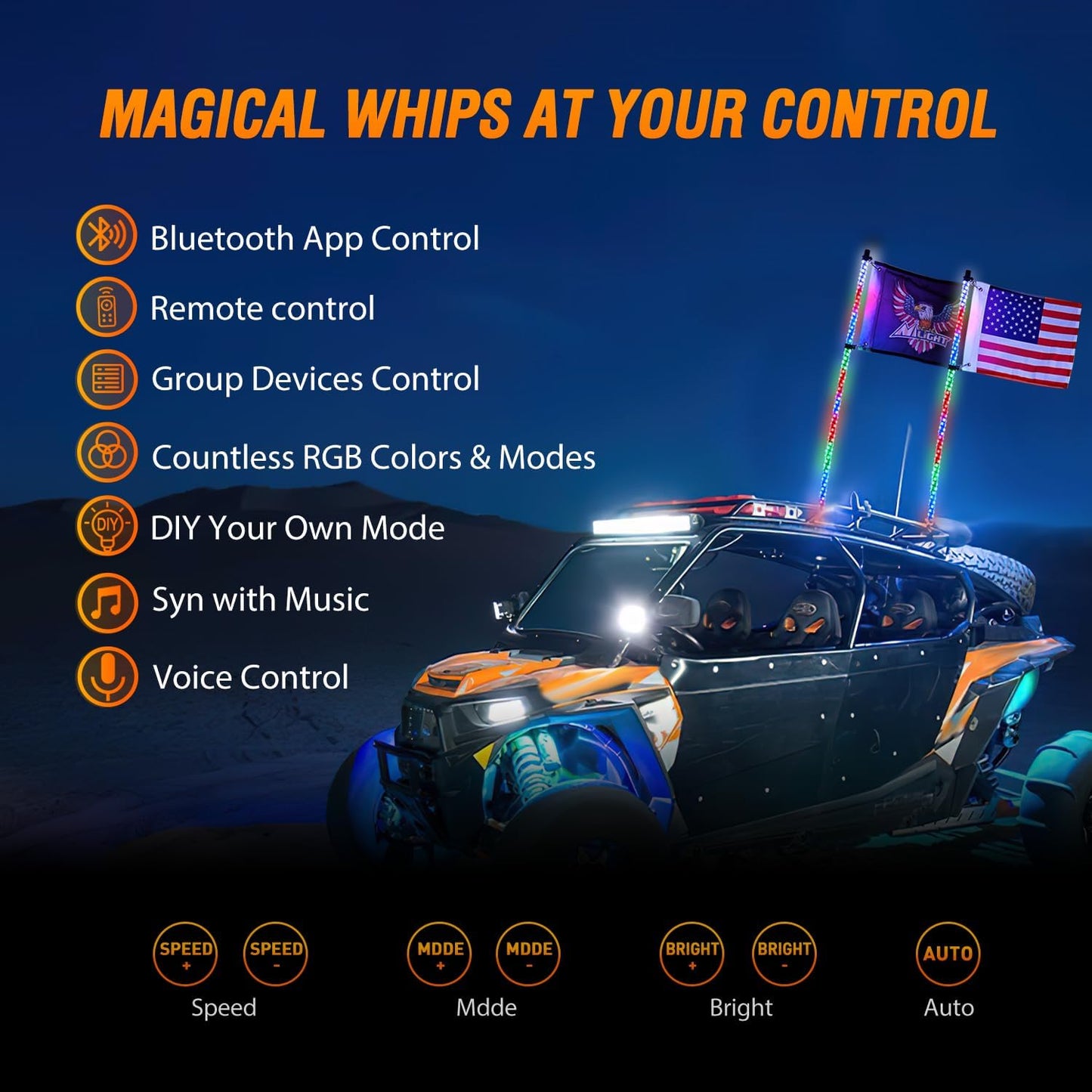 Nilight 2PCS 4FT RGB LED Whip Light with Spring Base Remote App Control w/DIY Chasing Patterns Turn Signal & Brake Lights for ATV UTV Polaris RZR Can-am Dune Buggy Jeep