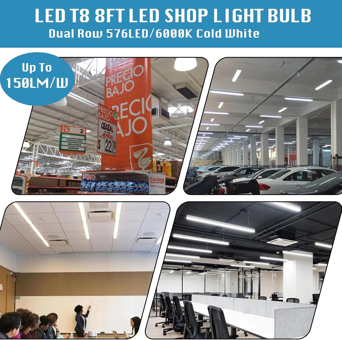 25-Pack, 8 Foot LED Bulbs, 100W 15000lm 6000K Cold White, Super Bright, T8 T10 T12 LED Tube Lights, FA8 Single Pin LED Lights, Clear Cover, 8 Foot LED Bulbs to Replace Fluorescent Light Bulbs