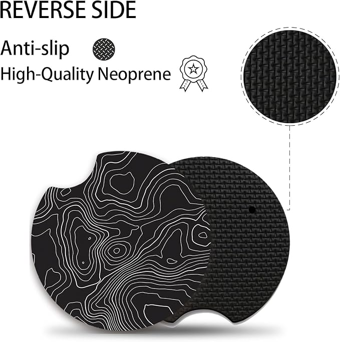 Black Contour Map Cute Cup Holder Coasters,Car Coasters for Cup Holders,Cute Car Accessories for Women Interior, 2 Pack Absorbent Universal Neoprene Car Coasters with Finger Slot