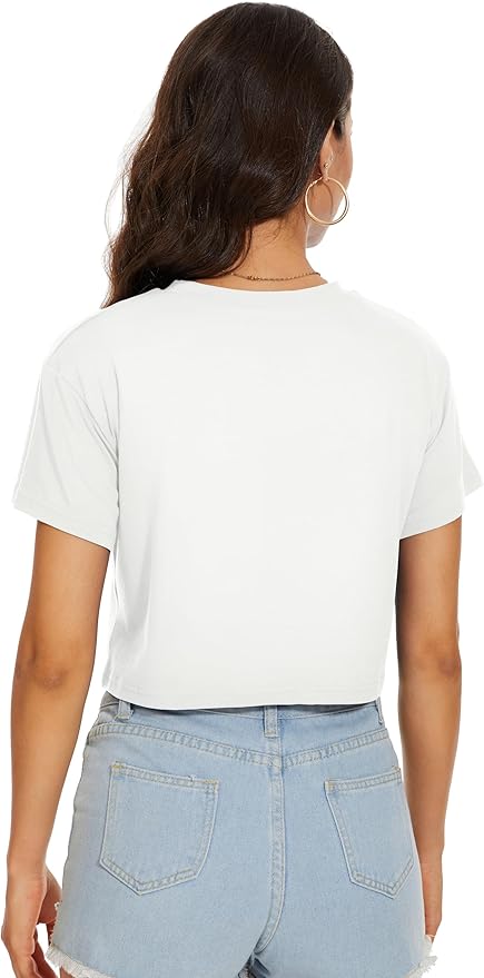 Womens Summer Crop Tops Short Sleeve Round Neck T-Shirts Loose Fit Casual Blouse