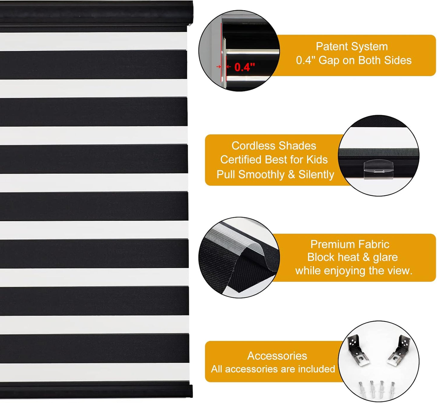 Persilux Cordless Zebra Blinds for Windows (35" W X 47" H, Black) Free-Stop Dual Layer Roller Windows Shades for Day and Night, Light Filtering Sheer Shades for Home, Easy to Install