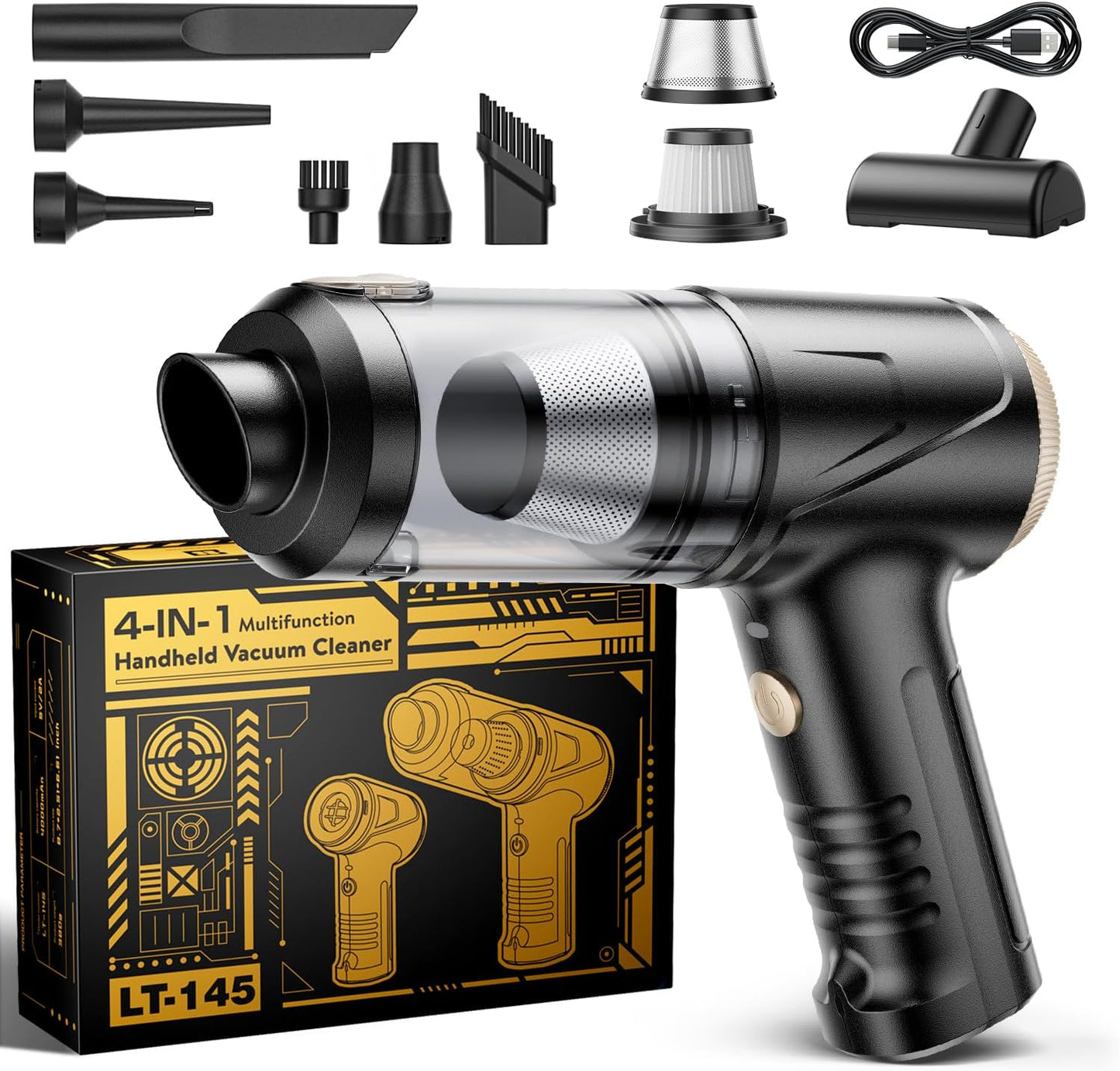 Handheld Car Vacuum Portable Cordless, 21000Pa High Power Handheld Vacuum with 2 Gear Adjustment - Brushless Motor，4 in 1 Air Duster and Vacuum Cleaner with LED Light，Dual Filters，for Home Car Office