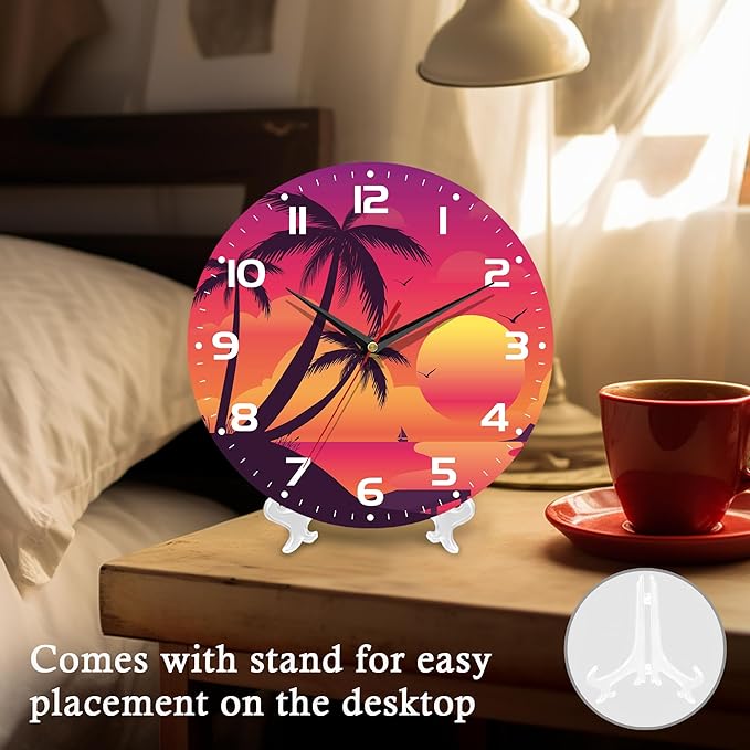 Wall Clock, 10 Inch Silent Non-Ticking Home Kitchen Decor, Battery Operated for Bathroom Bedroom Living Room Office(Tropical Palm Sunset)