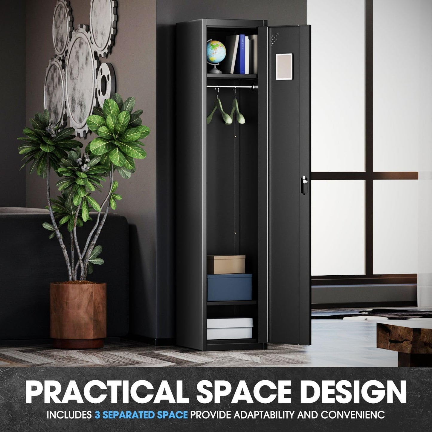 DNA MOTORING Metal Storage Cabinet for Employees with Keys, 71" Employees Metal Locker with 1 Doors, Tall Storage Lockers for Garage,Office,Home,Gym, Black, TOOLS-00787-BK-BK