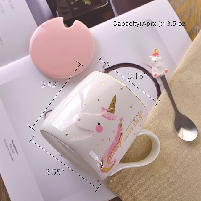 VanEnjoy Ceramic Unicorn Coffee Mug Tea Cup with Spoon,Diamon Pattern 13oz(380ml)