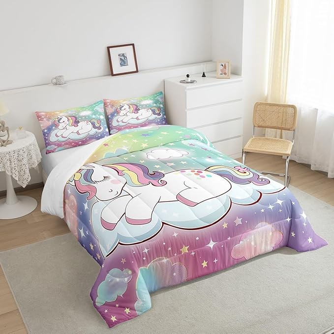 Unicorn Horse Bedding King for Girls,Kids Rainbow Unicorn Comforter Set Cartoon Cute Galaxy Unicorn Comforter for Kids Toddler Bed,Pastel Tie Dye Comforter Set Glitter Stars Quilt Duvet 3 Pcs