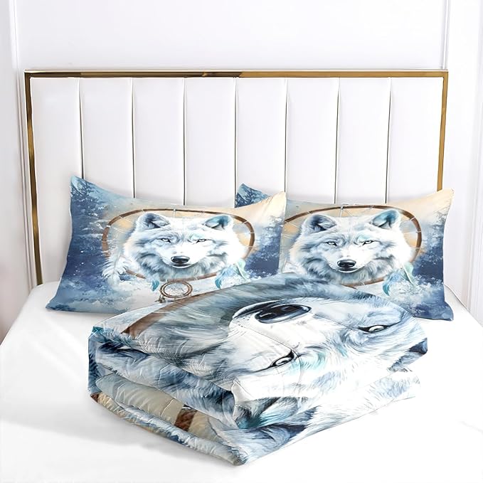 White Wolf Comforter Set Full Dreamcatcher Wolves Safari Animal Bedding Set with 2 Pillowcases