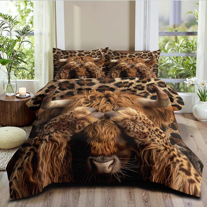 Western Highland Cow Bedding Twin Size Wild Animal Comforter Set Brown Leopard Print Comforter Sets with 1 Pillowcase