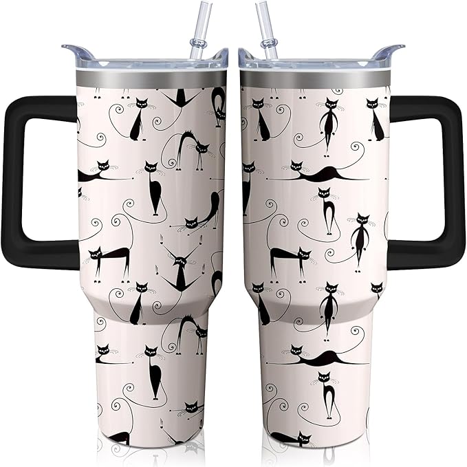 40oz Cute Cat Tumbler with Handle and Straw, Stainless Steel Insulated Cup with Lid, Travel Coffee Mug Water Bottle, Birthday Mothers Day Gifts for Women Men Animal Lovers