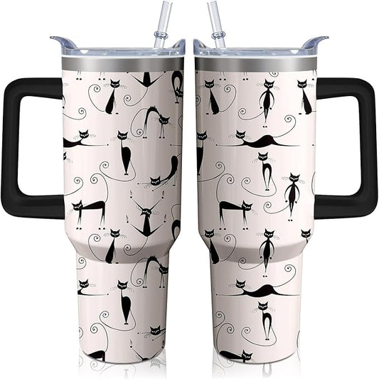 40oz Cute Cat Tumbler with Handle and Straw, Stainless Steel Insulated Cup with Lid, Travel Coffee Mug Water Bottle, Birthday Mothers Day Gifts for Women Men Animal Lovers