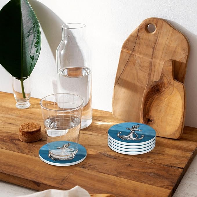 Anchor Coasters for Drinks, Set of 4, 4 Inch Wooden Background Absorbent Diatomite Ceramics Nautical Coasters for Coffee Table with Cork Base Tabletop Protection Suitable for Dining Desks Restaurants