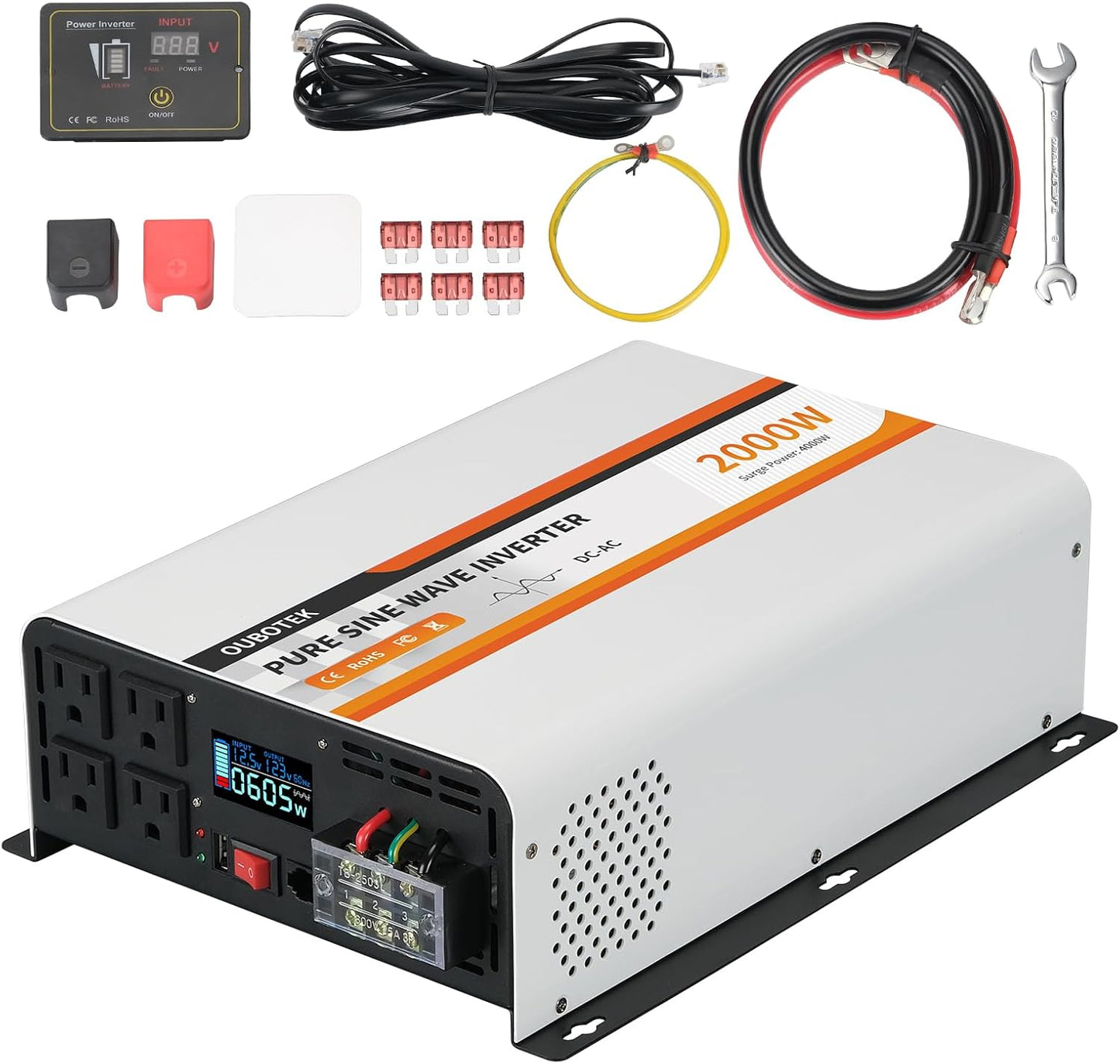 2000W Pure Sine Wave Inverter 12V DC to 120V AC Converter for Vehicles Boat Camping Outdoor Solar System, 2000 Watt Power Inverter with LCD Display, Remote Controller, USB Port, 4 AC Outlets