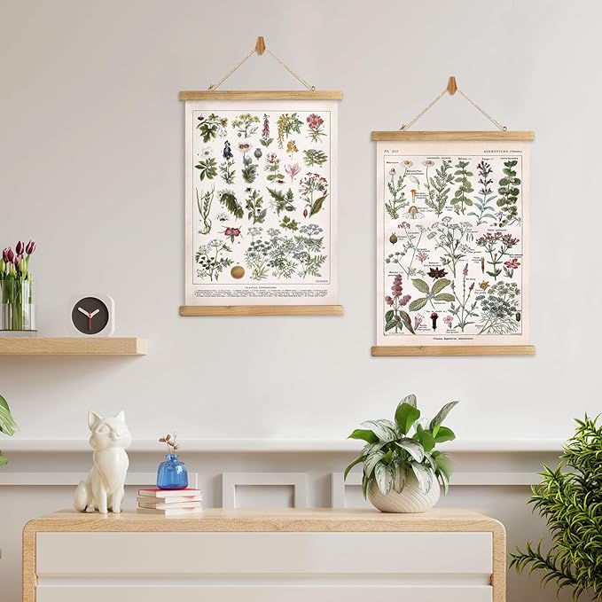 Vintage Spring Flower Poster Print, Botanical Educational Illustration, Rustic Wooden Hanger Frame, Linen Canvas Wall Art Decor, Farmhouse Cottagecore Style for Living Room Bedroom Office (16" x 23")