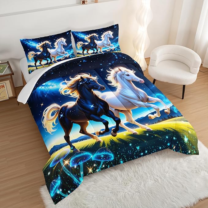 Western Bedding Sets Twin Size,Farmhouse Animal Theme Prairie Galloping Horse Comforter Set for Kids Girls Boys Room Decor,Dreamy Starry Sky Background Bedding Set with 2 Pillowcases.