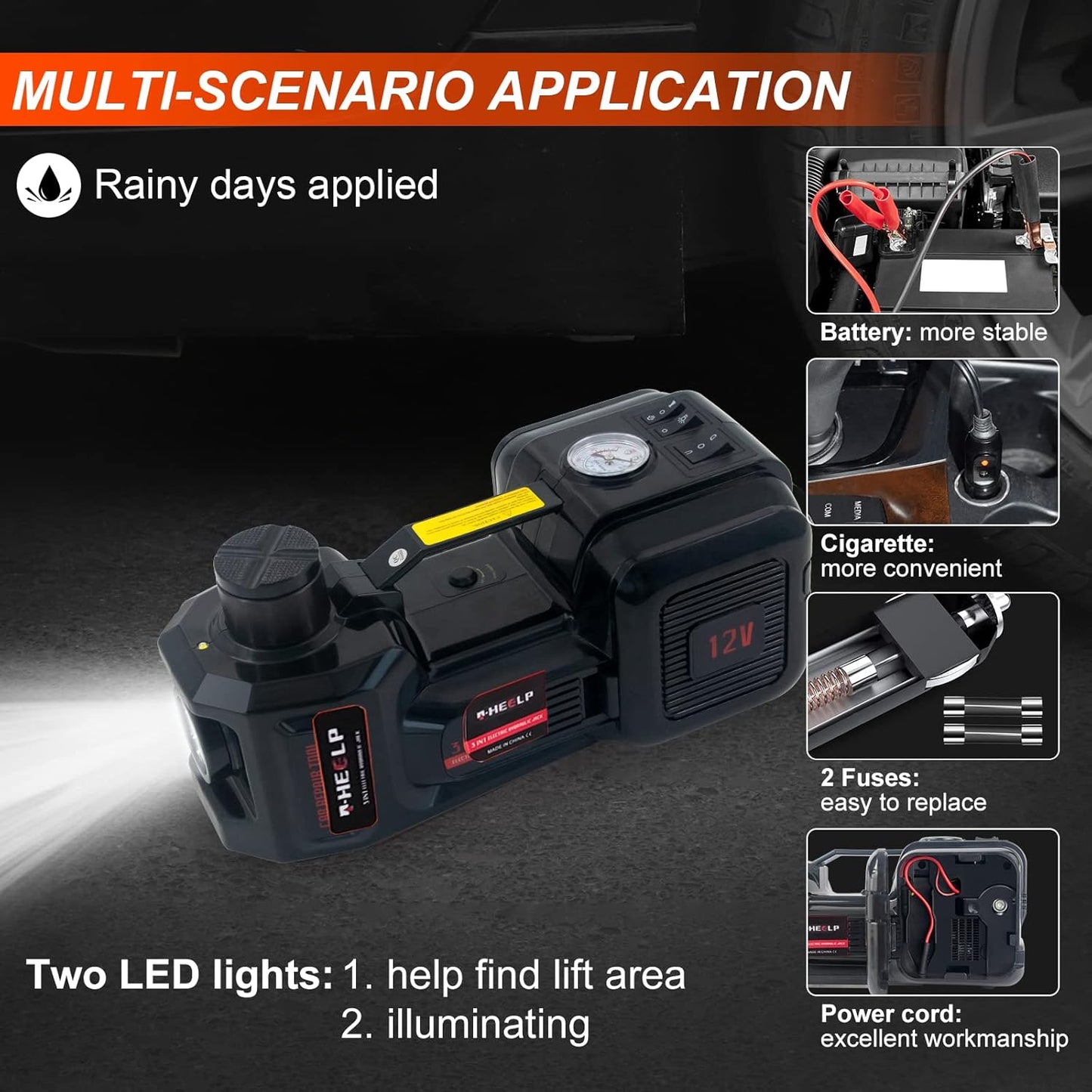 E-HEELP Electric Car Jack 5Ton 12V Kit Hydraulic (Lifting Range: 6.1~17.7 inch) with Inflator Electric Jack for Car SUV Sedan MPV Change Tires Garage Repair Emergency Kit