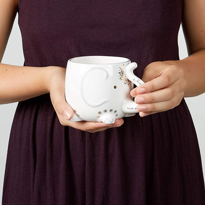 VOTUM White Ceramic Coffee or Tea Mugs: Elephant Coffee Mug with Hand Printed Designs and Printed Saying - 18.6 Fluid Ounce Large, Cute Handmade Cup