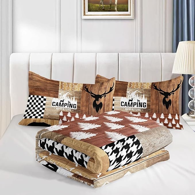 Camping Hunt Kids Comforter Bedding Set for Boys Girls,Bear Deer Silhouette Collage Wooden Pattern Comforter with 2 Pillowcases(Camping Hunt Full)
