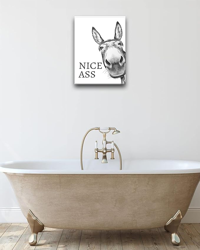 UPWOIGH Funny Bathroom Wall Art Decor, Black and White Donkey Wall Art, Waterproof Wood Framed Canvas Wall Art Animals Abstract Prints, 12x16in High-end Pictures for Dormitory Kids Room 1 Pack