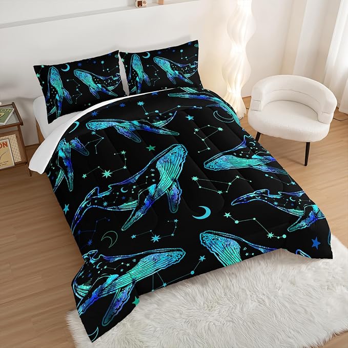 Whale Print Comforter Marine Life Bedding Set,Glowing Stars Moon Constellation Pattern Comforter Sets for Kids Boys Girls Room Decor,Cute Coastal Bedding Set Queen Size with 2 Pillowcases.