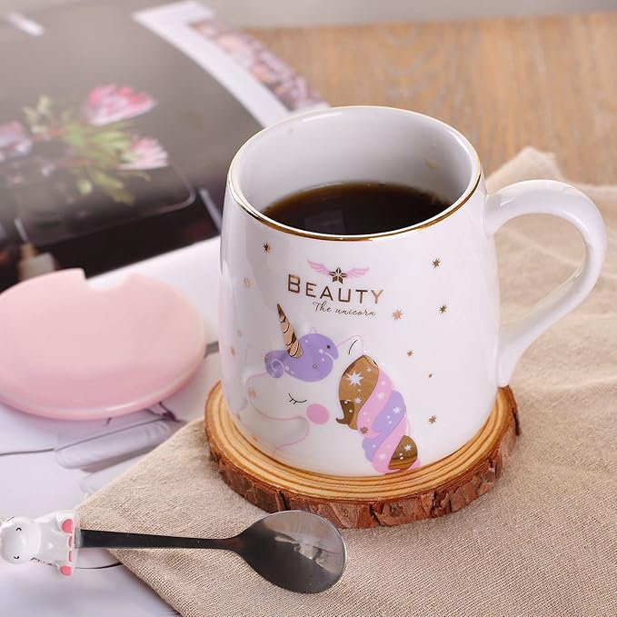 VanEnjoy Ceramic Unicorn Coffee Mug Tea Cup with Spoon,Star Pattern 13oz(380ml)
