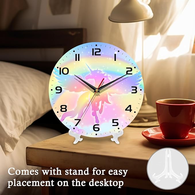 Wall Clock, 10 Inch Silent Non-Ticking Home Kitchen Decor, Battery Operated for Bathroom Bedroom Living Room Office(Rainbow Unicorn)