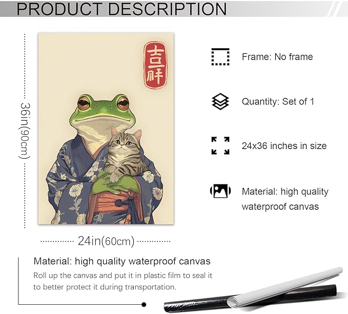 Vintage Japanese Frog & Cat Poster,Funny Anime-Inspired Kimono Frog Wall Art,Aesthetic Japanese Home Décor,Cute Print for Bedroom, Living Room Or Bathroom 24x36 in Unframed